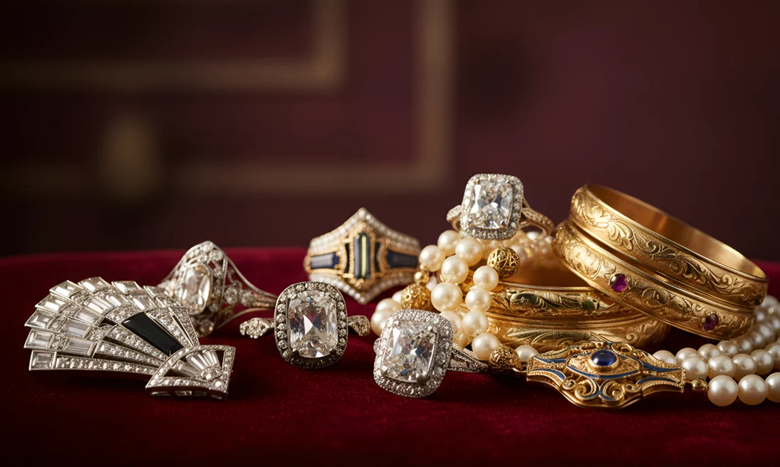 Expert evaluating antique jewelry and collectibles at Gold Mind Jewelers Sharon